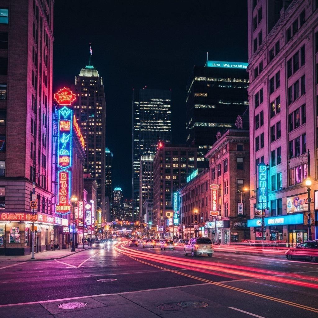 Vibrant neon-lit Canadian cityscape at night showcasing custom business signage and LED displays