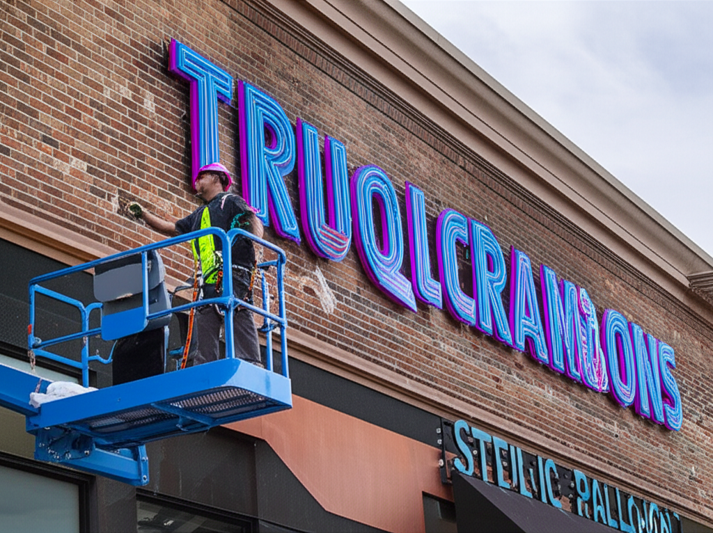 Professional technician installing a large neon sign on building exterior