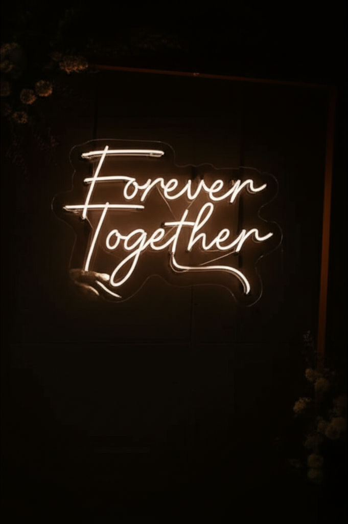 Elegant custom neon wedding sign with romantic script lettering